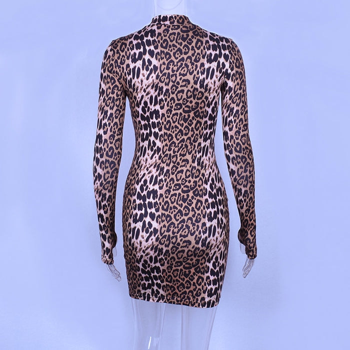VenusFox long sleeve high neck leopard print high waist sexy dresses party dresses