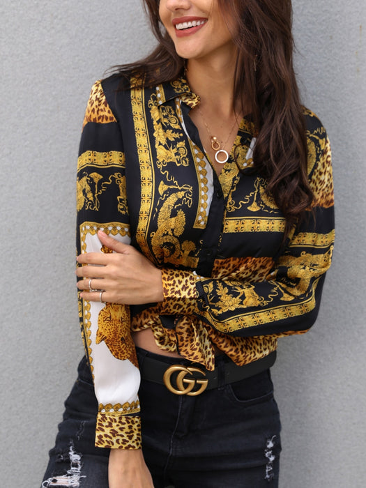 VenusFox Loose Button Shirt Turn-down Collar Leopard Print Knot Front Long Sleeve Blouse