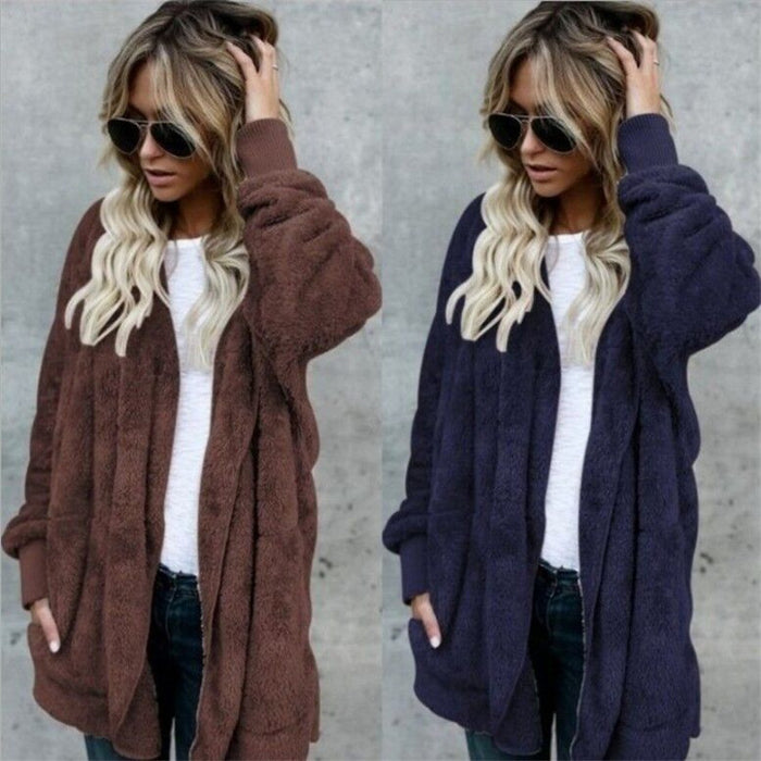 VenusFox Long Sleeve Hooded Faux Fur Teddy Bear Coat