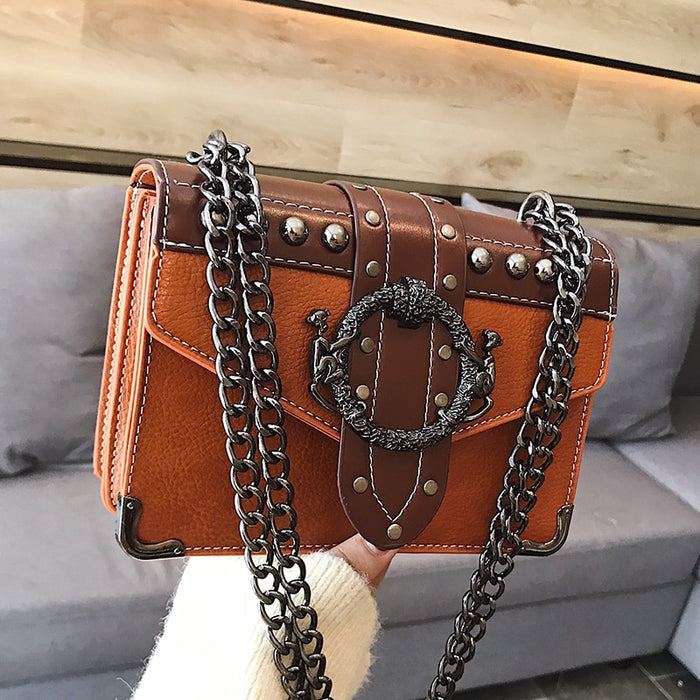 Fashion Leather Rivet Lock Square Bag