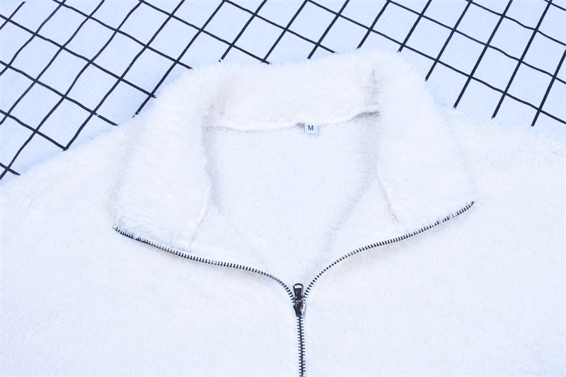VenusFox Long sleeve zipper Faux lambswool crop coat jacket