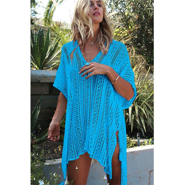 Beach Cover Up Crochet Knitted Tassel Tie Sexy Dress