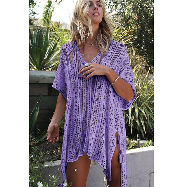 Beach Cover Up Crochet Knitted Tassel Tie Sexy Dress