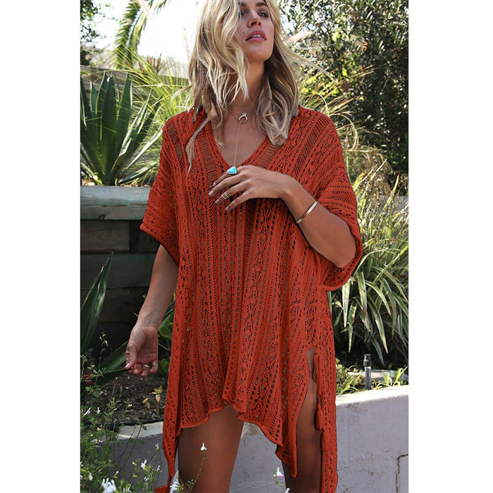 Beach Cover Up Crochet Knitted Tassel Tie Sexy Dress