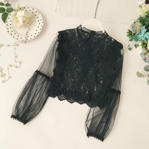 VenusFox Womens Mesh Lace Hook Flower Lantern Sleeve Loose Retro Blouse Shirts