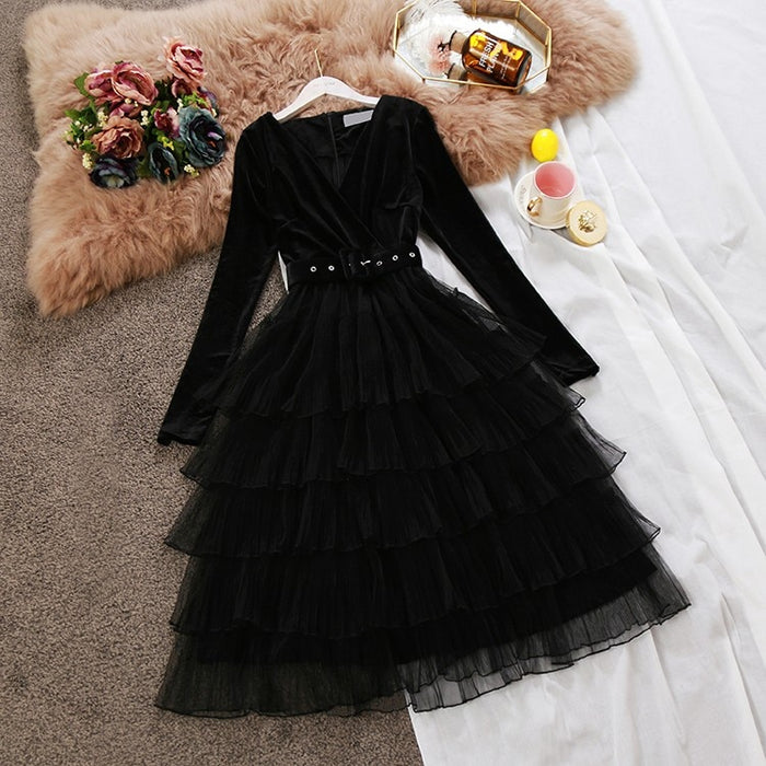 VenusFox V-neck velvet ball gown dress