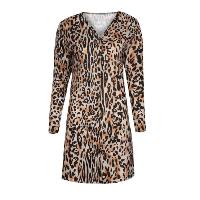 VenusFox Autumn Winter Women Casual Leopard Print Long Sleeve Loose Knitting Cardigan