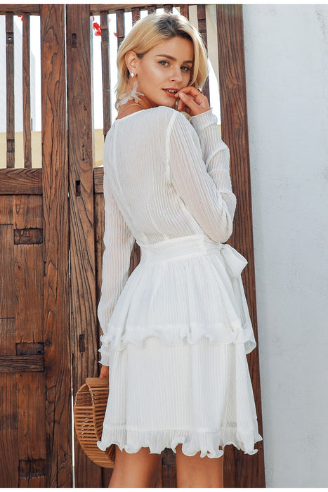 VenusFox Elegant pleated chiffon ruffles white dresses