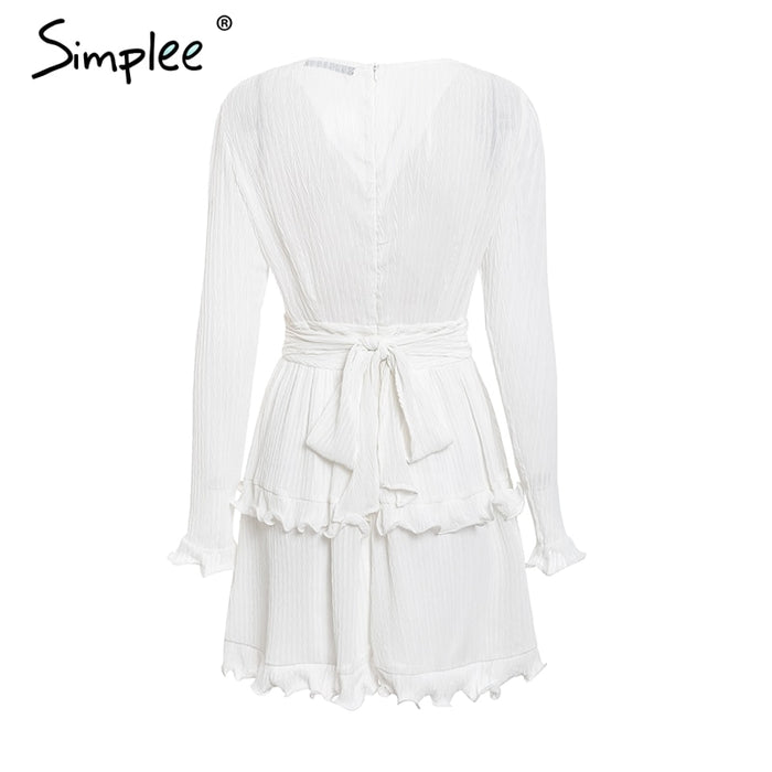 VenusFox Elegant pleated chiffon ruffles white dresses