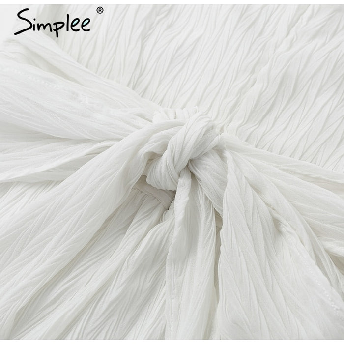 VenusFox Elegant pleated chiffon ruffles white dresses