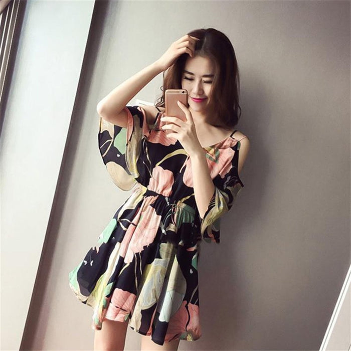 VenusFox Women Summer Boho Cold Shoulder Sleeveless V-Neck Floral Print Dress