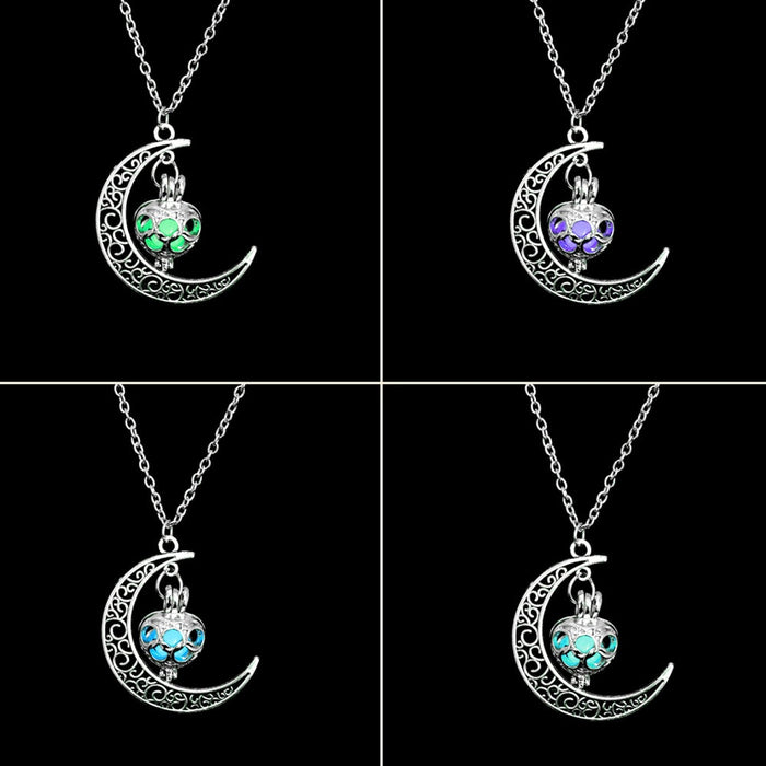 Women Gem Charm Silver Jewelry Moon Glowing Stone Necklace