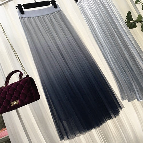 VenusFox Elegant High Waist Long Tulle A-line Midi Skirt
