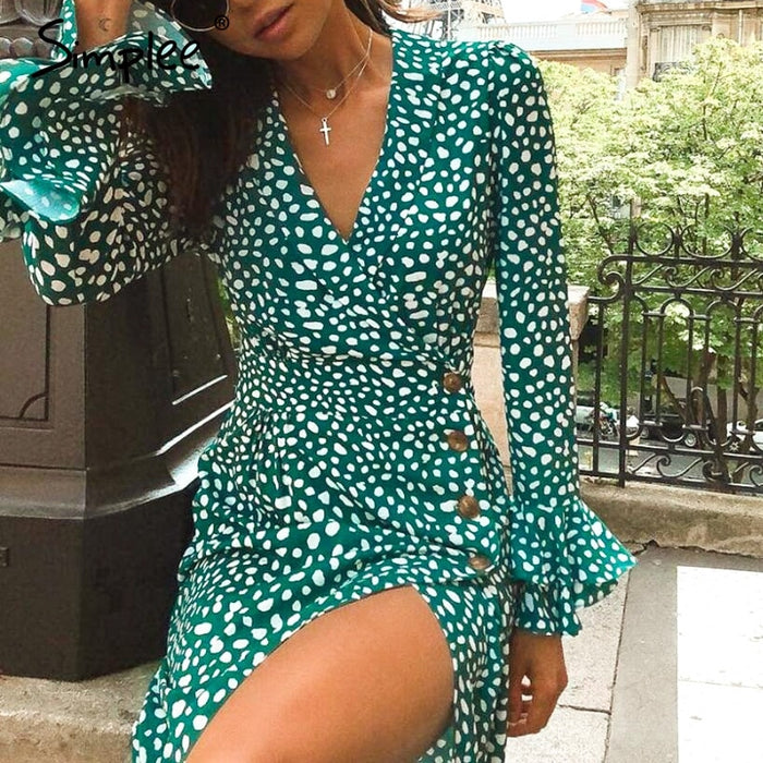 VenusFox Vintage polka dot v neck ruffle midi summer green dress