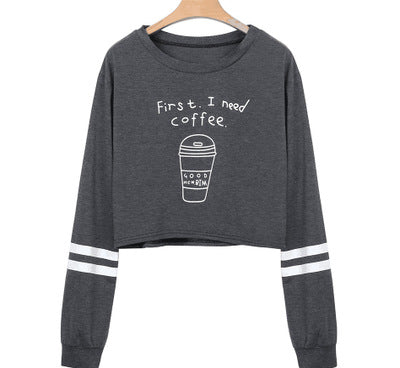 VenusFox Women's Print First I Need Coffee Long Sleeve Cropped Sweatshirt