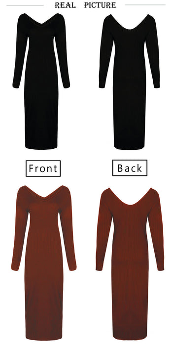 VenusFox  Knitted Long Sleeve V Neck Bodycon Maxi Dress
