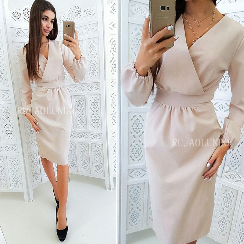 VenusFox Spring V-Neck Lantern Sleeve Pencil Bodycon Dress