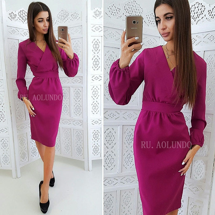 VenusFox Spring V-Neck Lantern Sleeve Pencil Bodycon Dress