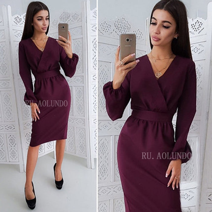 VenusFox Spring V-Neck Lantern Sleeve Pencil Bodycon Dress