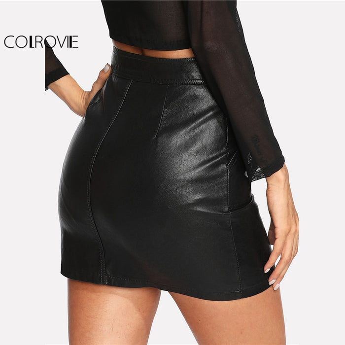 VenusFox Sexy Elegant Black Leather Above Knee Mini Skirt
