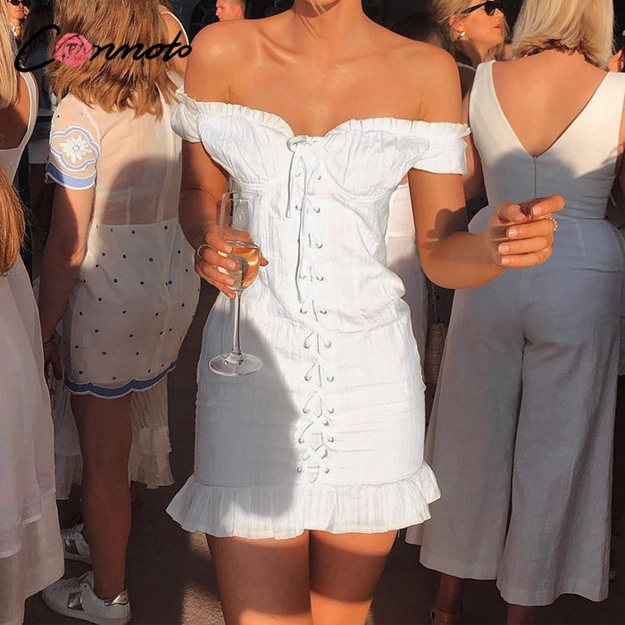 VenusFox Sexy Ruffle Lace White Bodycon Dress