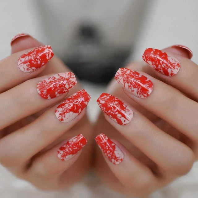 Shiny Red Fake Nails Square Medium Press On Nails Glitter Nail Art Tips including Glue Sticker