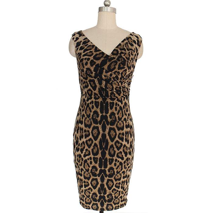 VenusFox Women Fashion Leopard Slim Sleeveless V-neck Mini Sexy Dress
