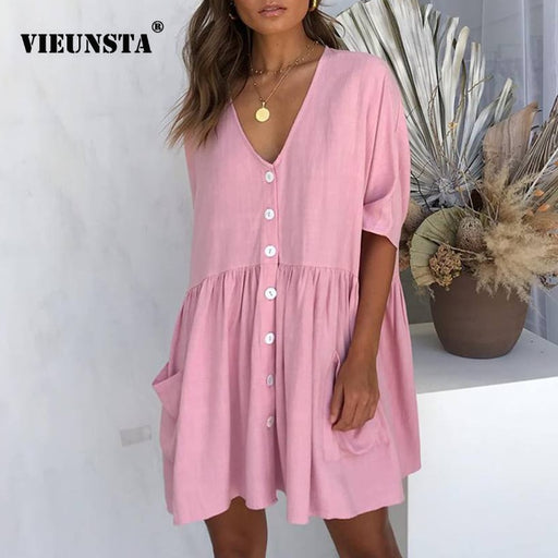 VenusFox Sexy V-neck Buttons Elegant Casual Loose Dresses