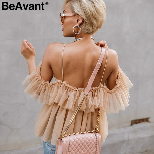 VenusFox Vintage Off shoulder Ruffle Mesh Blouses