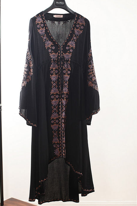 VenusFox Vintage Flower Embroidered Cotton Tunic Hippie Long Dress