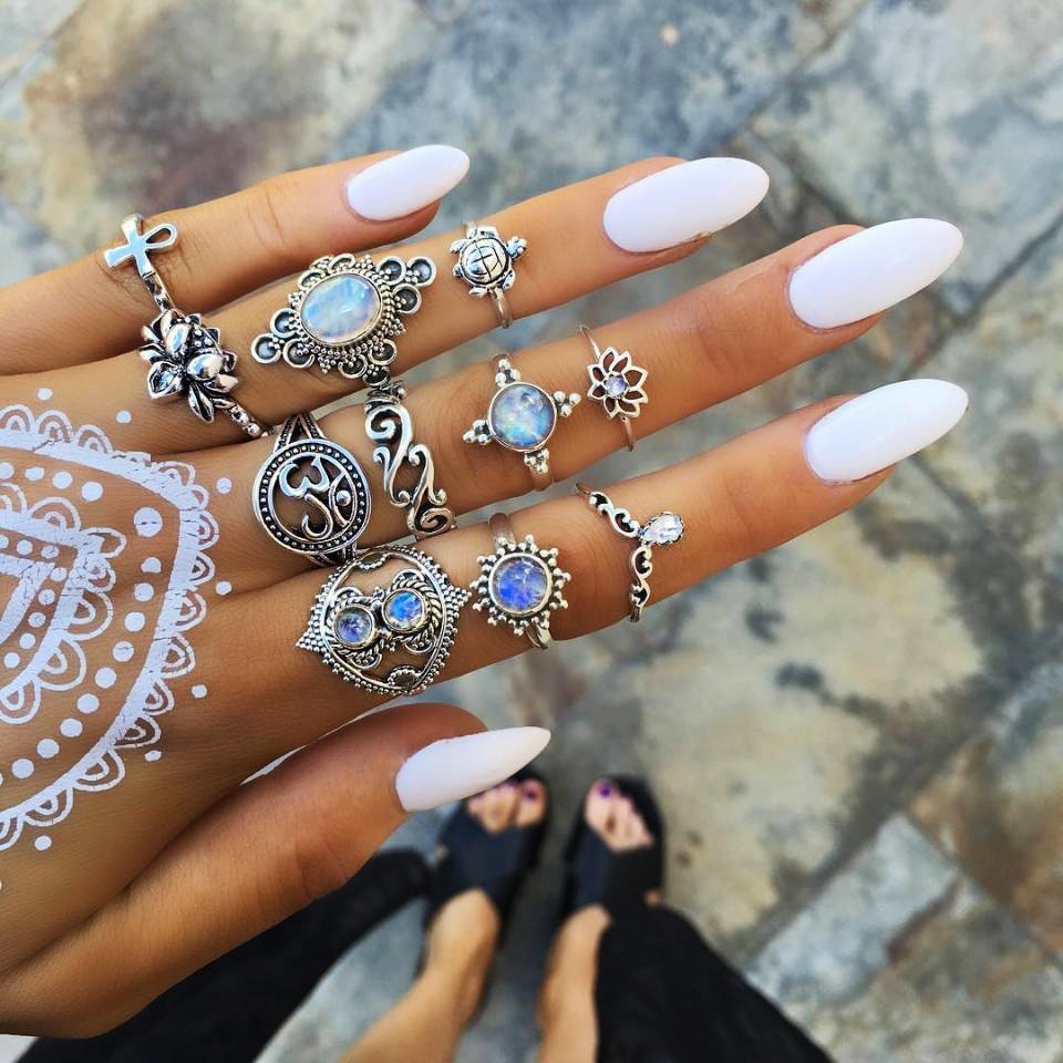 Boho Geometric Flower Crystal Vintage Rings