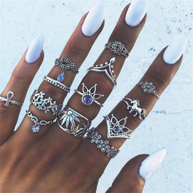 Boho Geometric Flower Crystal Vintage Rings