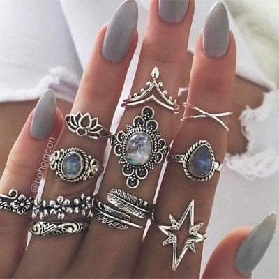 Boho Geometric Flower Crystal Vintage Rings