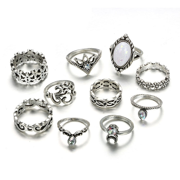 Boho Geometric Flower Crystal Vintage Rings