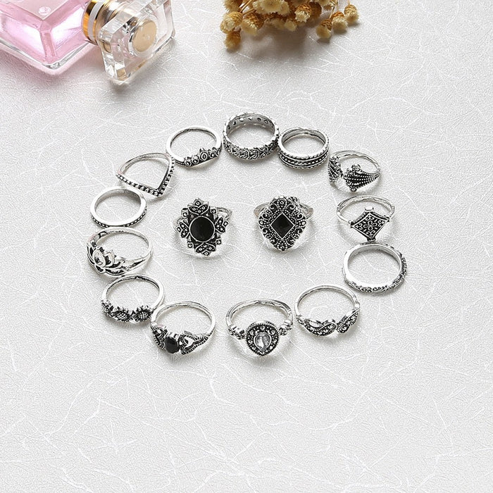 Boho Geometric Flower Crystal Vintage Rings