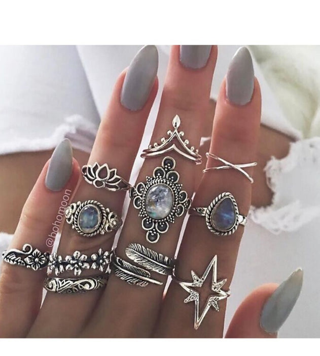 Boho Geometric Flower Crystal Vintage Rings