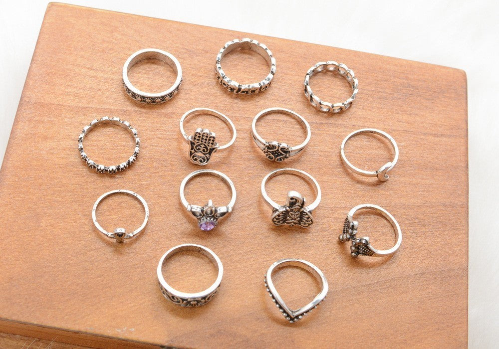 Boho Geometric Flower Crystal Vintage Rings