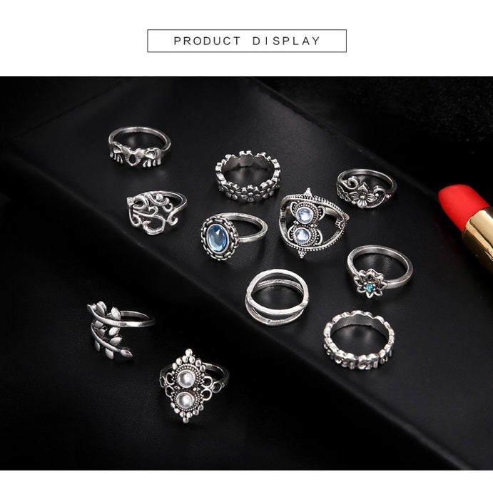 Boho Geometric Flower Crystal Vintage Rings