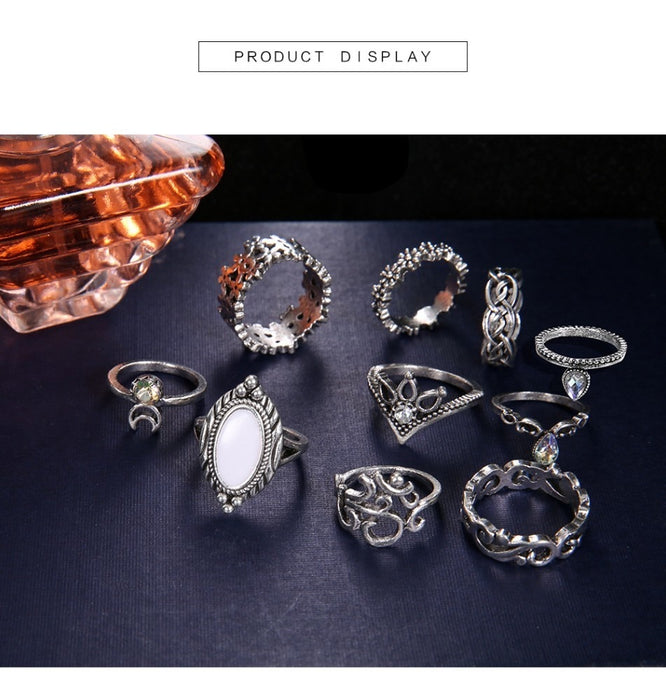 Boho Geometric Flower Crystal Vintage Rings