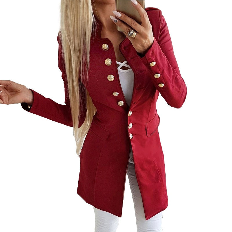 VenusFox Solid Long Button Sleeve Outerwear Coat