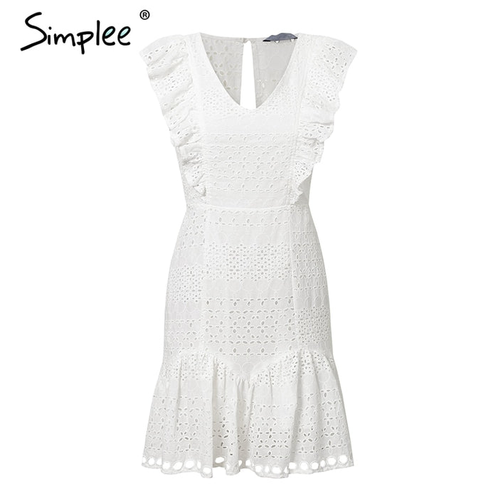 VenusFox Elegant cotton embroidery Ruffled high waist  dress