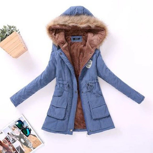 VenusFox long warm hooded cotton fur basic jacket plus size