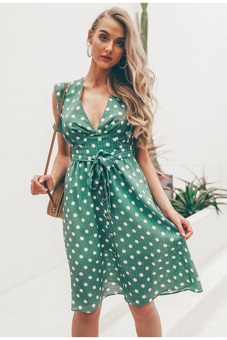 VenusFox Sexy V neck polka dot green summer dress
