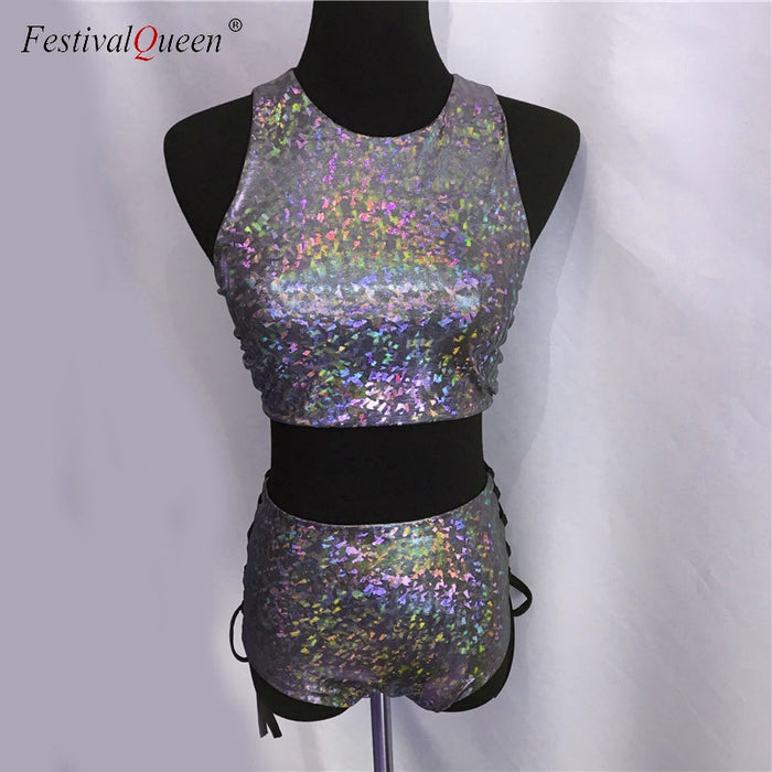 VenusFox FestivalQueen 2 piece holographic crop top high waist shorts rave wear