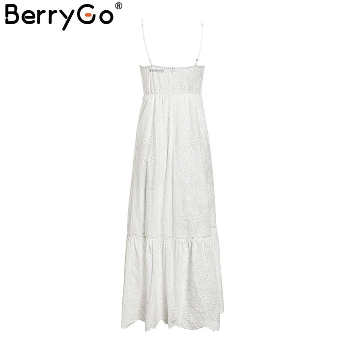 VenusFox White pearls sexy Hollow out embroidery cotton dress