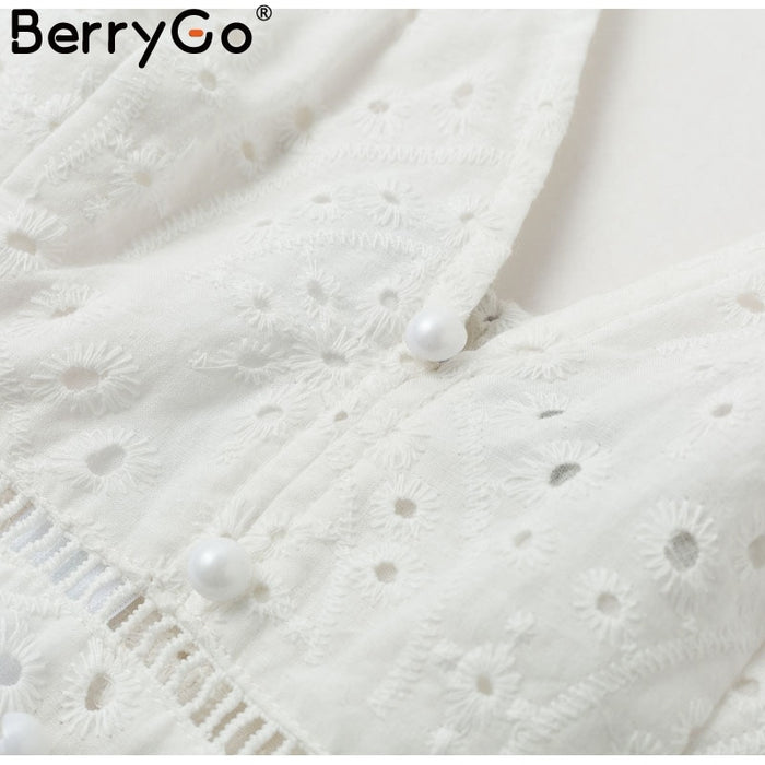 VenusFox White pearls sexy Hollow out embroidery cotton dress