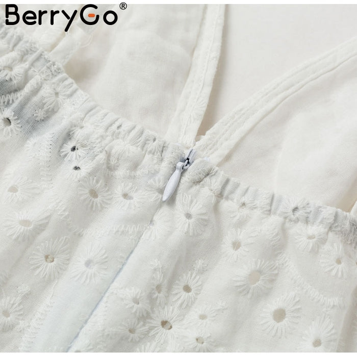 VenusFox White pearls sexy Hollow out embroidery cotton dress