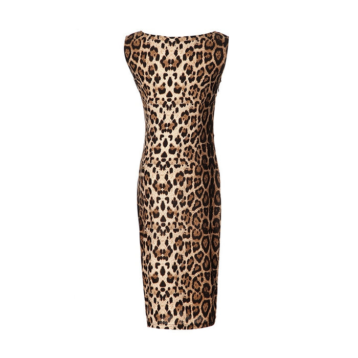 VenusFox Women Fashion Leopard Slim Sleeveless V-neck Mini Sexy Dress