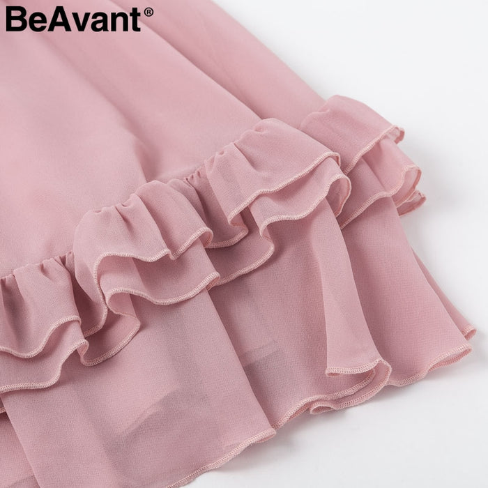 VenusFox Off shoulder ruffle pleated pink Elegant dress