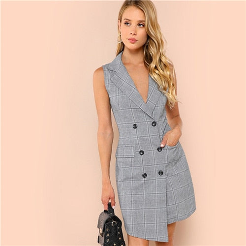 VenusFox Plaid Work Wrap Button Pockets Vintage Dress